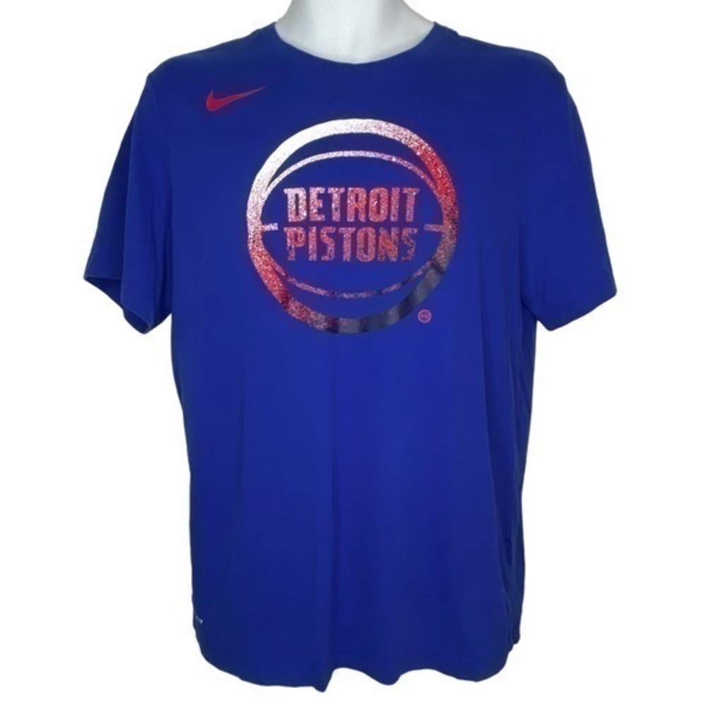 Detroit Pistons‎ NBA Shirt Nike Tee Dri Fit Blue Graphic Print Short Sleeve Top